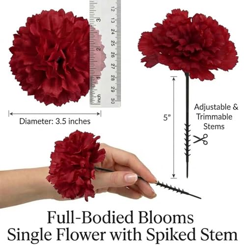 Larksilk 100 Pack Artificial Carnations - Bulk Silk Flowers for Weddings, Mother's Day, Graduations, Easter & Memorial Day - 3.5" Heads, 5" Stems, Real Touch Petals, 18 Colors Available - Burgundy - color: Burgundy, size: 100