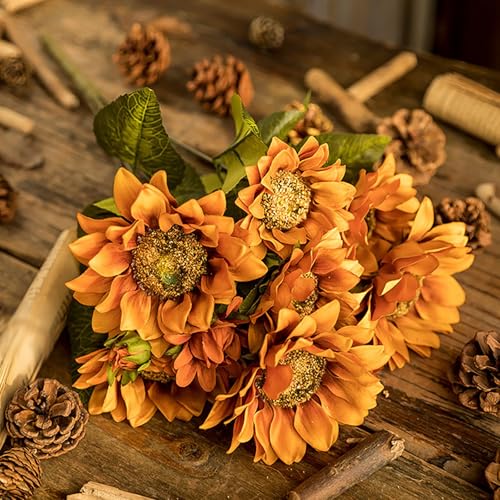 Artificial Sunflower Bouquet, 9 Heads, Silk Fabric with Iron Stems, Vintage Fall Style, Indoor Outdoor Wedding Party Home Garden Decor (Yellow) - color: Yellow