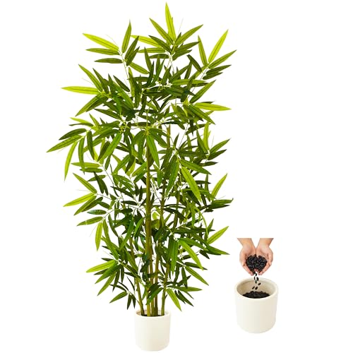 Warmplants Artificial Bamboo Tree, 5ft Tall Fake Bamboo Plant with White Planter, Faux Trees with 5 Trunks and Lifelike Leaves for Indoor Outdoor Home Office Décor - color: Bamboo, size: 5ft