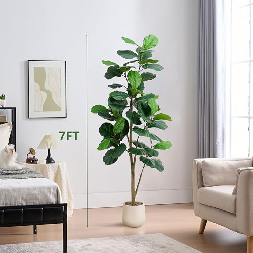 Artificial Fiddle Leaf Fig Tree 7FT, Large Realistic Faux Ficus Lyrata Plant with Pot Large Faux Plant for Indoor Outdoor Home, Office, Living Room, Bathroom Decor - color: White, size: 7 FT