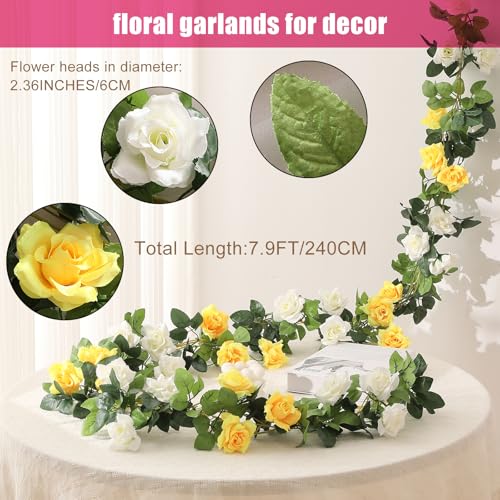 JUSTOYOU Artificial Rose Vines Yellow Flowers Garland Hanging Silk Rose Vine for Wedding Home Office Arch Arrangement Decoration 7.6FT(2PCS) - color: Yellow-b