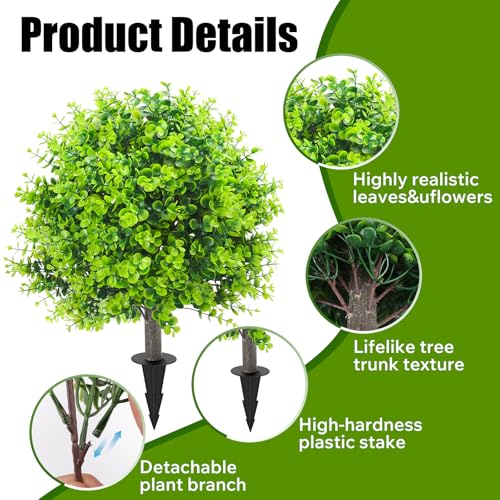 2 Pack 25" Artificial Eucalyptus Topiary Ball Trees for Outdoors, UV Resistant Faux Evergreen Shrubs with Ground Spikes, Fake Bush Ball Plants for Front Porch, Patio, Garden, Indoor Outdoor Decor - color: Eucalyptus
