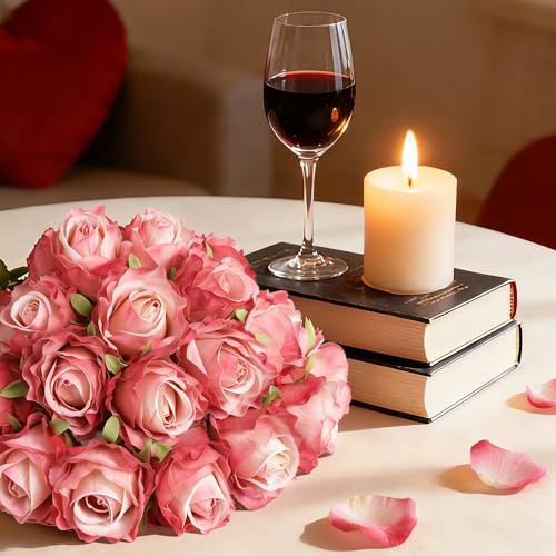 Ivydale 18pcs Coral Roses Artificial Flowers, Fake Roses Silk Flowers with Stems Realistic Bouquet for Mother's Day Wedding Party Home Decoration DIY Centerpiece Floral Romantic Gifts - color: Rose-coral