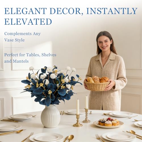 Dallisten Fake Flowers for Vase, 16 pcs Faux Silk Pompom Mum Artificial Flowers with Eucalyptus Stems, Mini Floral Long Stem Arrangements for Home Decor, Wedding, Table Centerpieces DIY Floral Designs - color: Navy Blue+white
