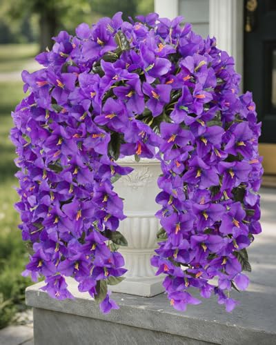 Artificial Flowers for Outdoors – 8 Bundles of UV-Resistant Artificial Bougainvillea, Realistic Silk Flowers for Front Porch, Patio, Garden, Window Boxes & Hanging Baskets (Purple, 8) - color: Purple, size: 8 Bundles