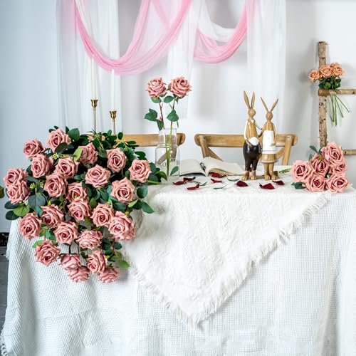 Ttranewsoo Fake Roses Faux Flowers Silk Roses 16.5In Artificial Roses with Stems Realistic Artificial Flowers Suitable for Indoor Home Decor DIY Bouquet Wedding Decor Party Decor 24PCS (Pink Purple) - color: Pink Purple 24pcs