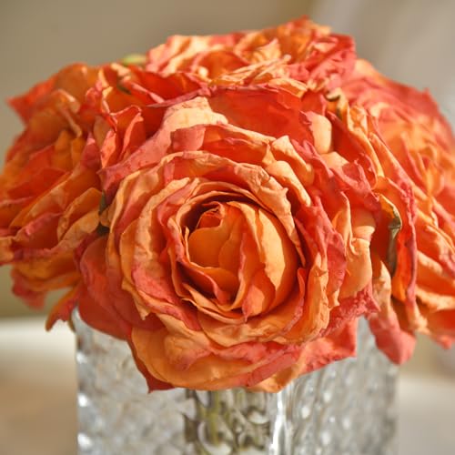 Artificial Rose in Glass Vase Vintage Silk Flower Arrangement with LED Light for Table Centerpiece Home Wedding Decoration (Orange) - color: Orange
