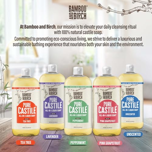 BAMBOO AND BIRCH Pure Castile Soap Liquid, Tea Tree, 32 oz | Certified Palm Oil Free, Natural Soap