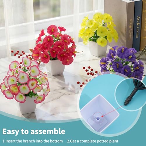 LOYWREE 4 Pack Small Colorful Artificial Flowers in White Pots, Fake Mini Potted Plants, Spring Floral Decor for Home Bathroom Shelves Office Desk Table Centerpiece Indoor Decoration - color: Morning Glory-white Pot, size: White Pot