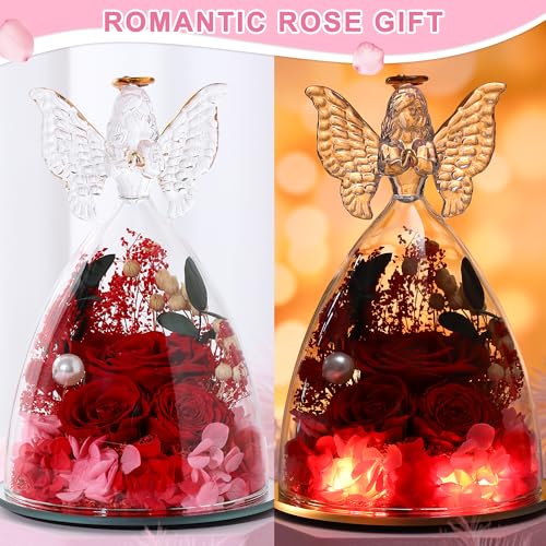 Mothers Day Rose Gifts for Women Preserved Real Flower in Glass Angel Figurines Roses for Delivery Prime Birthday Gifts for Mom Grandma Girlfriend Wife Her, Red Austin Roses - color: Red With Austin Roses