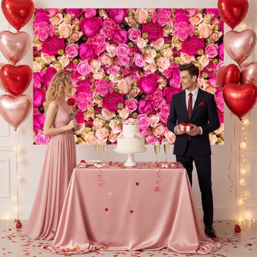 Ticuenicoa 8x8ft Pink Red Rose Flowers Photography Backdrop Valentine's Day Photo Background Baby Shower Wedding Birthday Decoration Bridal Shower Wedding Blossoms Roses Wall Art - size: 8x8ft