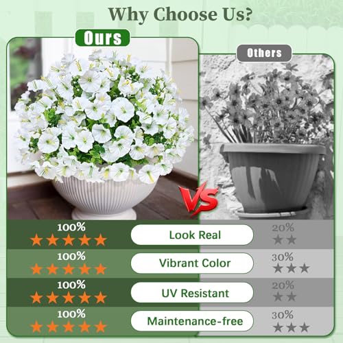 MARTINE MALL 24 Bundles Look Real Artificial Flowers for Outdoors, Realistic Fake Outdoor Flowers, UV Resistant Silk Petunia Flowers for Outside Faux Flowers Plants for Outdoor Porch, White - color: White, size: 24 Bundles