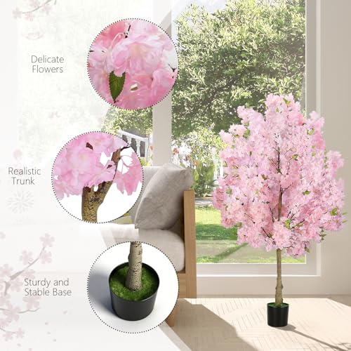 4FT Pink Artificial Cherry Blossom Tree, Realistic Potted Faux Cherry Tree, Silk Flower Fake Tree, Artificial Plants for Home Office Wedding Party Indoor Outdoor Front Door Decoration - size: 4FT