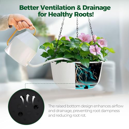 T4U 12 Inch Large Hanging Planters for Indoor Plants, 2 Pack Self Watering Pots Indoor, Hanging Baskets for Plants,Hanging Flower Pot with Drainage Hole and Plant Hanger, White - color: White, size: 12 Inch
