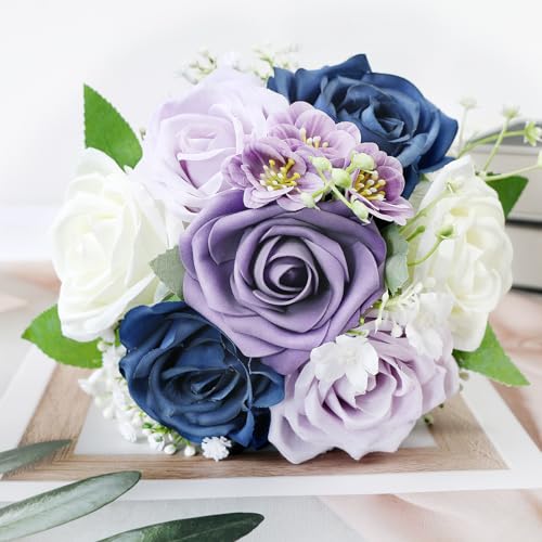 Wedding Bridesmaid Bouquets Set of 6-7 Inch Artificial Bridesmaid Bouquet Rustic Silk Flowers Pre-Made Small Floral Centerpieces for Marriage Proposal Party Anniversary - Navy Blue & Lilac - color: Navy Blue and Lilac, size: Set of 6 Bridesmaid Bouquets