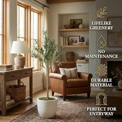 OUTLANE 4.4 FT Artificial Olive Tree with 22 Realistic Fruits, Faux Potted Plant for Indoor and Outdoor, Tall Fake Tree for Living Room, Office, Porch, Patio & Modern Farmhouse Decor - size: 6in