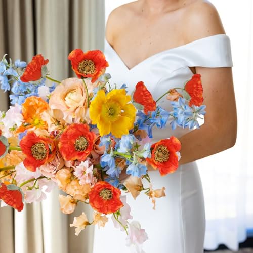 6PCS Orange Poppy Flowers Artificial 30 Heads 26.77in Faux Poppy Flowers Silk Flowers with Long Flocking Stems Flowers for Wedding Party Home Office Decoration(Orange) - color: Orange Red