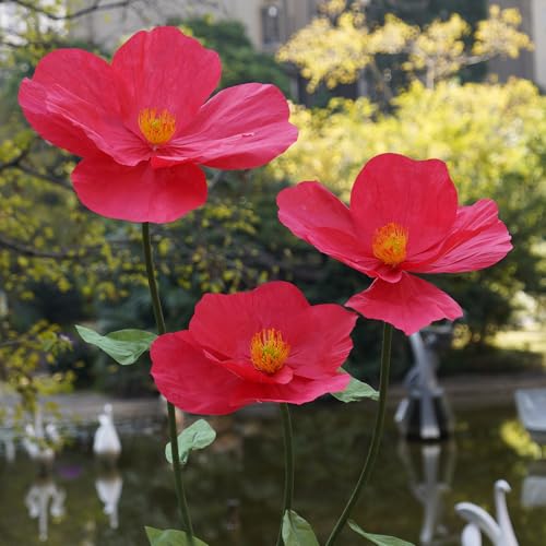 Large Paper Artificial Flowers,Giant Flowers for Decoration,Huge Handcrafted Poppy Fake Flowers with Stand for Home Decor Bridal Shower Party Outdoors Yard Event Backdrop Decor (red) - color: Red