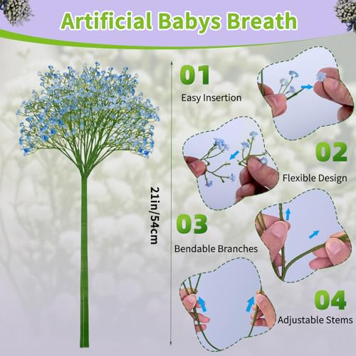Babys Breath Artificial Flowers, 25Pcs Blue Baby Breath Flowers Artificial Bulk, Real Touch Faux Babys Breath, Fake Babies Breath Gypsophila for Wedding Floral Arrangement Party Home Decor