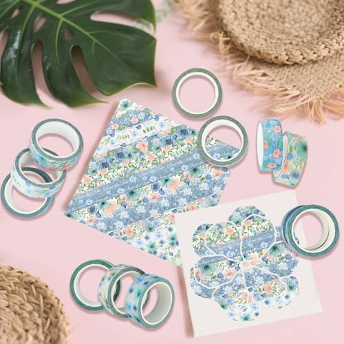 12 Rolls Floral Washi Tape, Blue Rose Flower Masking Tape, Spring Vintage Blue Pink Floral Decorative Tapes for DIY Craft Scrapbooking Journals Planners Gift Wrapping Birthday Party Decor 16.4FT - color: P
