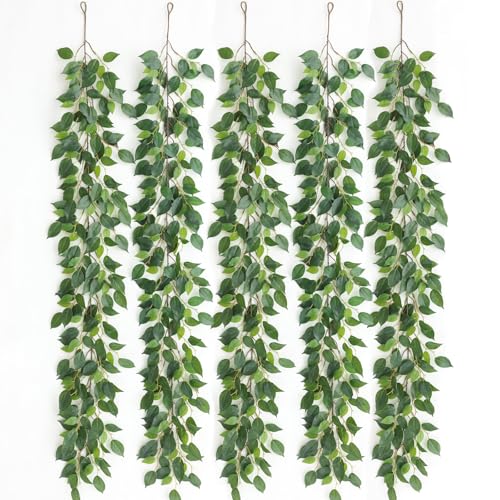 mizii 5 Packs 390" Artificial Vines Ficus Garland Fake Vine Silk Green Leaves Faux Plants Greenery Decoration for Bedroom Room Wall Party Table Centerpieces Wedding Arch Decor - color: Ficus