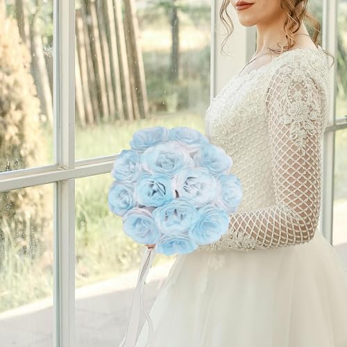 30PCS Light Blue Artificial Roses Fake Glitter Flowers Silk Roses with Stems for Wedding Bouquet Party Christmas Home Decor(Gradient Sky Blue) - color: Gradient Sky Blue