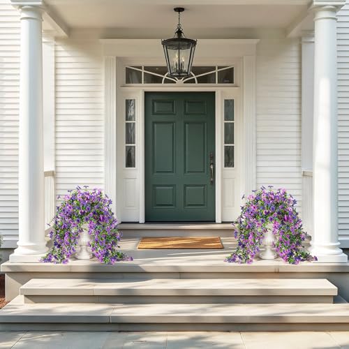 QCQHDU Artificial Hanging Flowers for Outdoors,2Pcs Fake Hanging Plants 29.5 Inch Long for Spring Summer Decoration,UV Resistant Faux Flowers for Patio Porch Garden Yard Balcony Decor, Double Purple - color: Double Purple