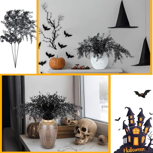 Giegxin 40" Halloween Black Flowers Branches Fake Artificial Faux Flowers Stems 4 Bundles Gothic Black Branches Curly Twig Picks for Vase Wreath DIY Bouquets Hanging Planter Home Office Centerpieces