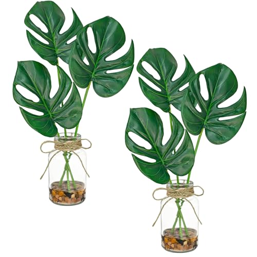 2 Pack Artificial Monstera Leaves in Glass Vase, 14" Fake Plants with Faux Water Stones, Small Faux Plants for Kitchen Bathroom Shelf Coffee Table Decor - color: Pure Green