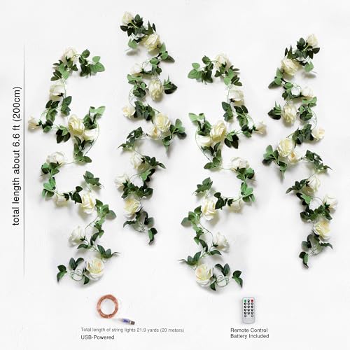 FiveSeasonStuff Product Image 29 Ft 4 Pack Cream White Rose Silk Flower Garland Artificial Flowers Decoration Hanging Floral with 66 feet String Lights - color: Cream White With String Lights