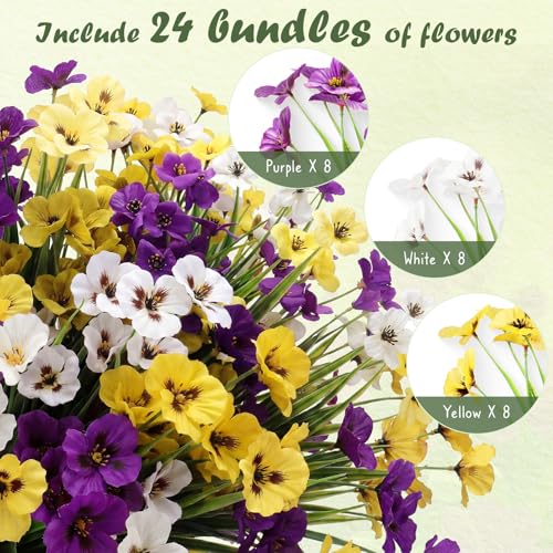 HUITEM 24 Pcs Artificial Flowers for Outdoors, Fake Pansy Uv Resistant Silk Faux Outdoor Flowers, Spring Flowers for Planter Front Door Porch Yard Patio Window Box Home Decor (3 Color) - color: 3 Color