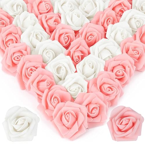 100Pcs Realistic White Light Pink Artificial Rose Flower Heads, Foam Fake Roses for DIY Wedding Decorations Baby Shower Centerpieces Home Party Valentine's Day Mother's Day Decor - color: 100pcs White Light Pink Mixed Color