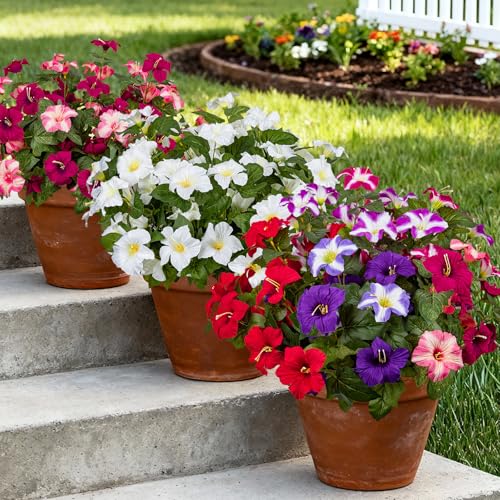 19 Inch Artificial Fake Flowers for Outdoor,4 Pcs Faux Silk Petunias Spring Flowers for Outside for Indoor Porch Planter Front Door Garden Patio Window Box Home Decor(Multiple Color) - color: Multiple Color