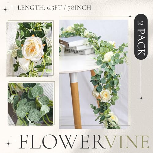 Der Rose 2 Pcs 13FT Artificial Floral Garland, Champagne Rose Flower Garland for Backdrop Wedding Arch Flowers Backdrop Eucalyptus Greenery Garland - color: Champagne 2 Pcs