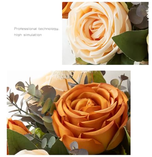 Silk Roses Artificial Flowers in Vase,Fake Flowers with Vase,Faux Flower Arrangement with Vase for Home Office Decoration, Dining Table Centerpiece - color: Orange