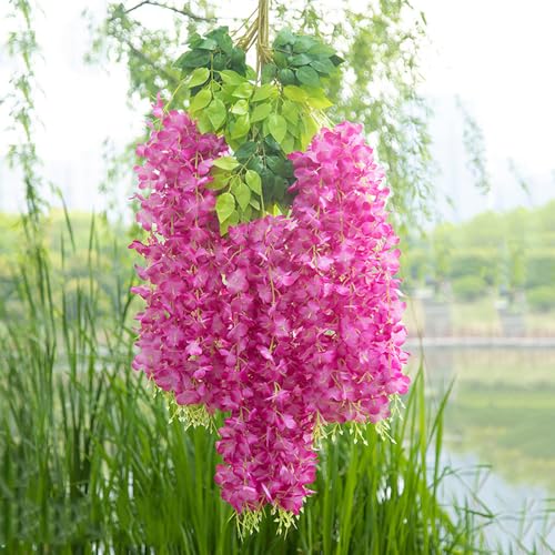 WEISPARK Fake Hanging Flowers - 12 Pieces 3.75 Feet/Piece Artificial Wisteria Vine Ratta Hanging Garland Silk Flowers for Home Party Wedding Decor (Fuchsia) - color: Fuchsia