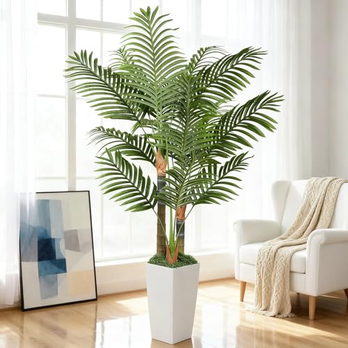 5ft Artificial Palm Tree Indoor Plant，Triple Faux Tropical Areca Floor Plant in Pot，Artificial Plants with Lifelike Leaves for Home Office Decor - color: White, size: 5ft