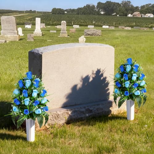 Artificial Cemetery Flowers - Set of 2 Grave Memorial Rose Flowers with Vase for Cemetery Headstones Gravesites Decoration (Dark Blue & Light Blue) - color: Dark Blue & Light Blue