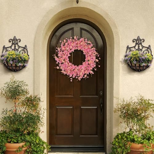 24 Inch Artificial Pink Forsythia Flower Wreath, Silk & Paper Floral Wreaths for Front Door, Romantic Valentine's Day & Spring Summer Decor, All Season Farmhouse Wedding Indoor Outdoor Decor - color: Pink