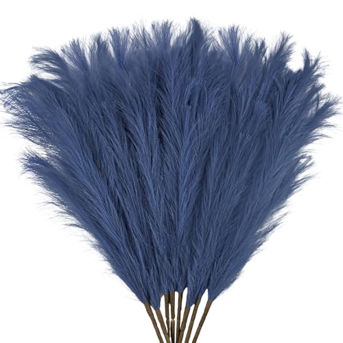 obbsie 35" Faux Pampas Grass Decor, 8pcs Large Tall Fluffy Artificial Pompous Grass Branches Floral Fake Pompas Grass Bulrush Floor Vase Filler Flower Arrangement for Home Wedding Boho Decor - Blue - color: Blue, size: 8 PCS