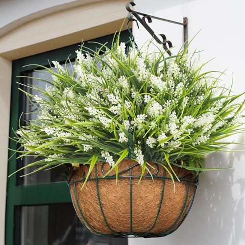 Grunyia 20 Bundles Artificial Plants Outdoor Fake Monkey Grass with Flowers (White) - color: White