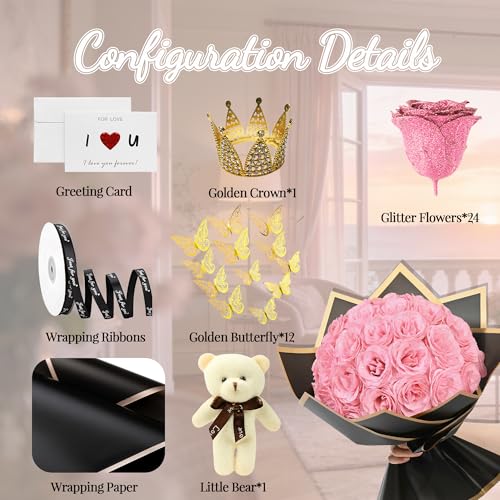 Light Pink Glitter Flower Bouquet, 36 Pcs DIY Artificial Glitter Rose Bouquet with Bear & Butterfly & Golden Crown, Eternal Flowers Gifts for Her, Girlfriend, Valentines, Birthday, Mother's Day - color: Fba-light Pink