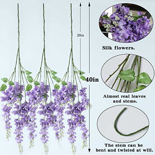 Dailisen 3 Strands 40'' Silk Purple Wisteria Artificial Flowers, Fake Wisteria Floral Hanging Plant Garland, for Home Decor, Party, Floor Vase, Balcony, Wedding Arrangement Decoration (Purple) - color: Purple