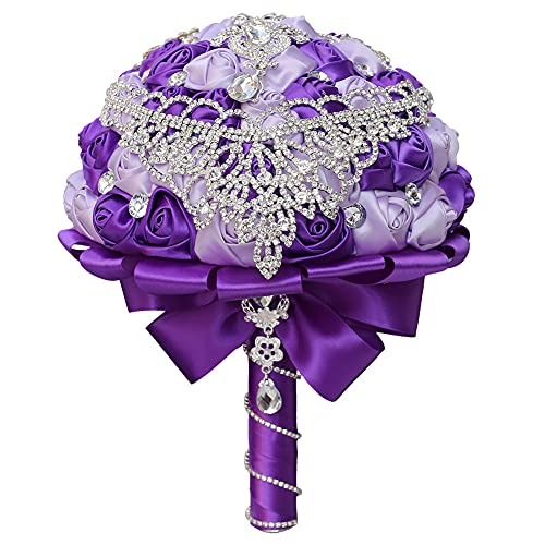 Sharebeauty 9.4 Inch Handmade Satin Rose Bridal Bouquet Toss Round Wedding Bouquet Throw Toss Artificial Flower Bunch Purple + Light Purple - color: W28717 Purple/Light Purple, size: 9.4"/24cm