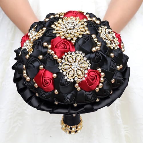 Bridal Wedding Bouquet Luxury Gold Rhinestone Brooch Bouquet for Bride Bridesmaid Quinceanera Satin Rose Artificial Flower Bouquet Wedding Black and Burgundy 7.1in - color: Black & Burgundy (Black Handle), size: Diameter: 7.1 inches