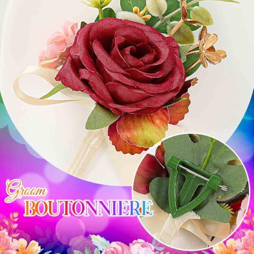 Burgundy Rose Groom Boutonniere for Men Prom Wedding (Burgundy) - color: Red