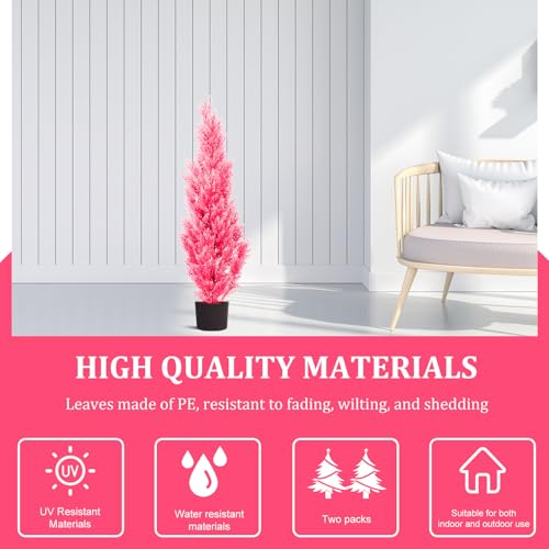 Two 4-Foot Pink Artificial Plants-Indoor and Outdoor Artificial Trees, Anti-Ultraviolet Artificial shrubs-Outdoor Pink Cedar-are Very Suitable for Home Front Porch Courtyard Decoration - color: 4ft Pink