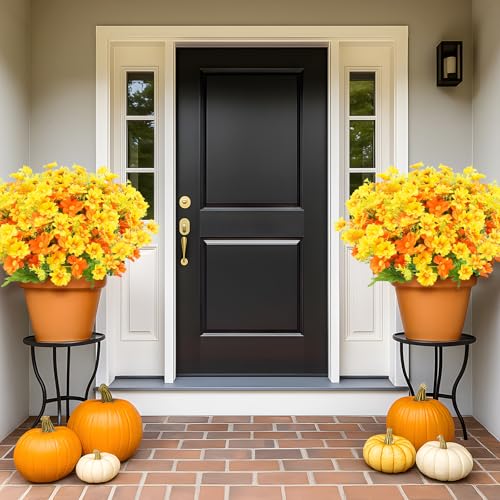 Uieke Artificial Fake Flowers, 6 Bundles Daisy Mums Flowers Outdoor UV Resistant No Fade Greenery Shrubs Plants Indoor Outside Hanging Planter Home Wedding DIY Garden Porch Décor (Orange Yellow) - color: Yellow,orange, size: 6