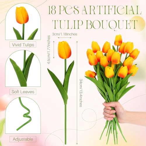 Uiifan 19 Pcs Spring Easter Centerpieces for Tables Home Office Decoration 18 Fake Artificial Tulip Flower Faux Realistic PU Bouquet with 1 Metal Pot Vase for Wedding Baby Shower(Sunset Red) - color: Sunset Red