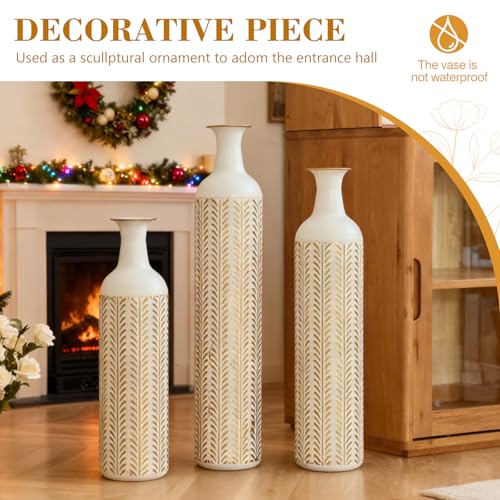 Floor Vases, Tall Home Decor Metal Vase Set of 3 Large Glazed Decorative Vases for Wedding Decor, Elegant Modern Flower Holder for Living Room, Entryway, Hallway - color: Leaf White Gold